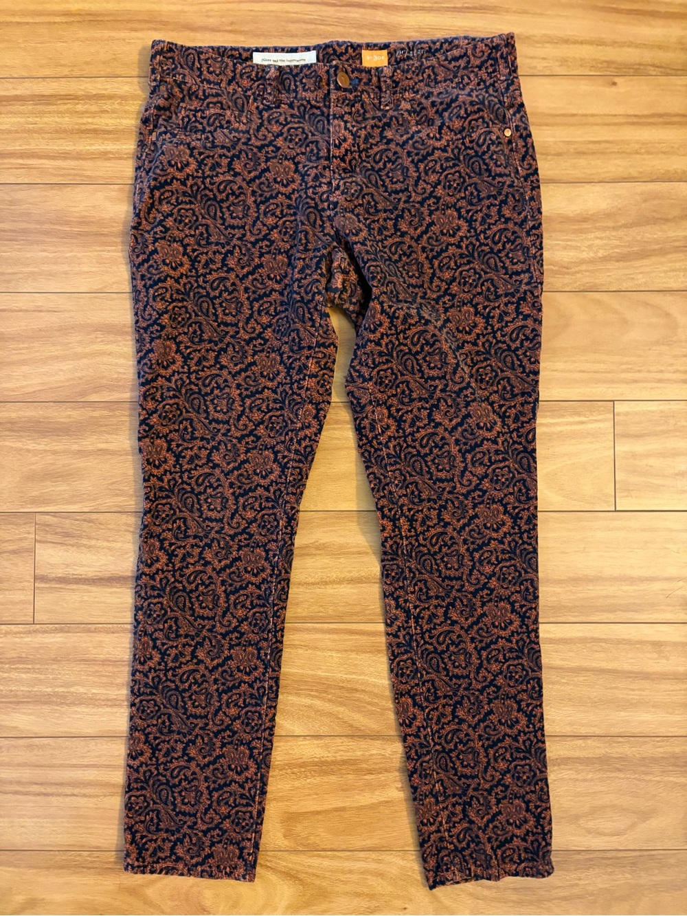Pilcro Skinny Corduroy Pants in Navy and Rust Floral Jacquard